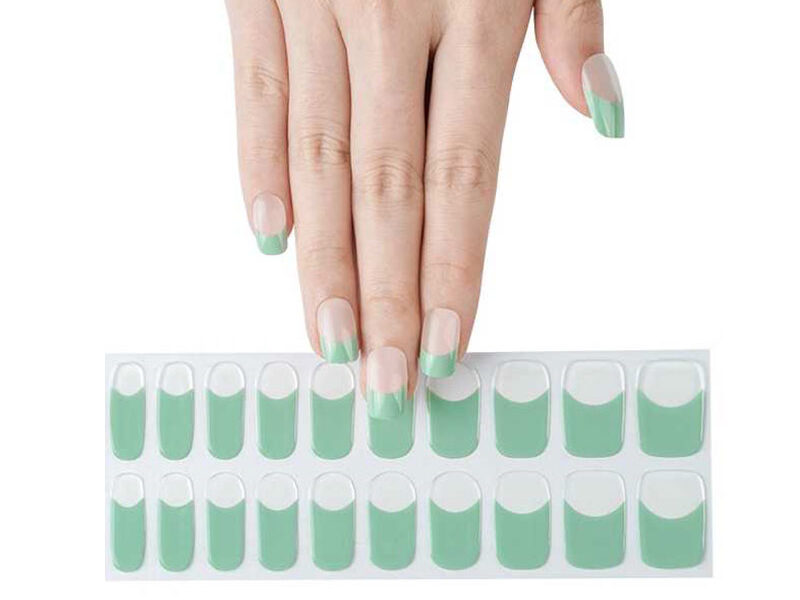 Semicured soft mint green french tip nails in gel nail sticker form