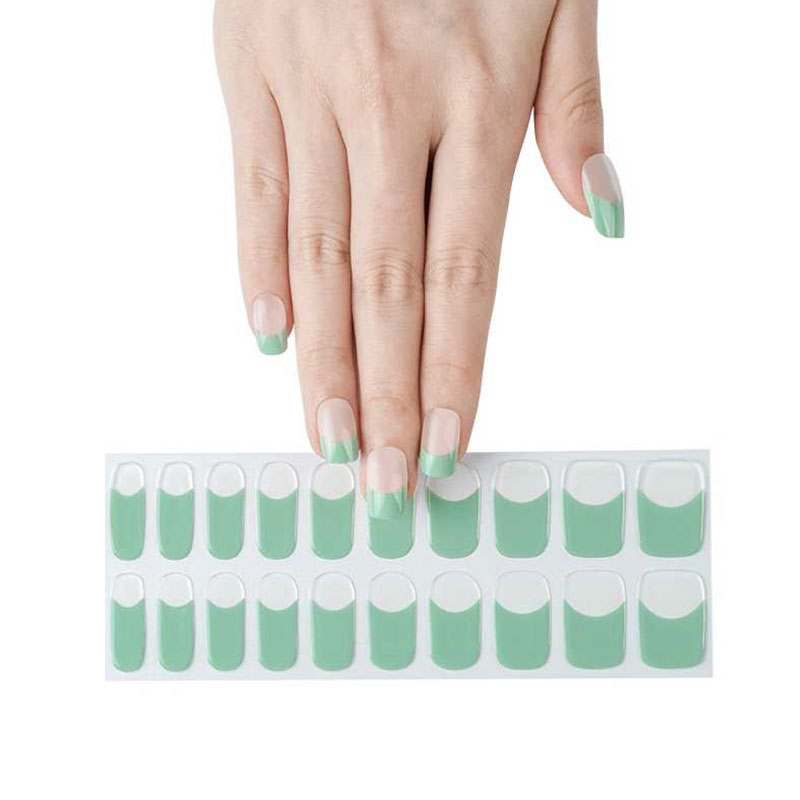 Semicured soft mint green french tip nails in gel nail sticker form